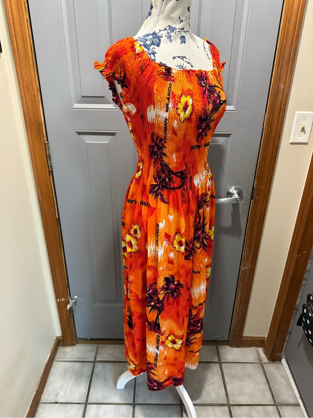 Orange tropical/Floral Smocked Maxi Dress Cayman Islands